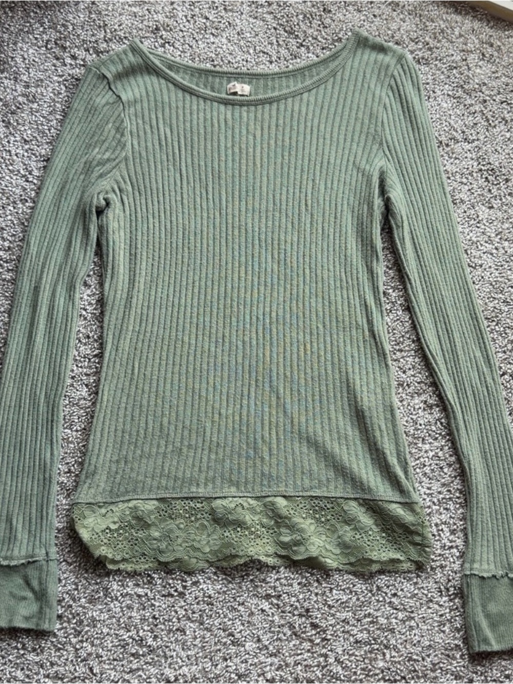 Hollister Sage Green Ribbed Long Sleeve Top with Lace Hem
